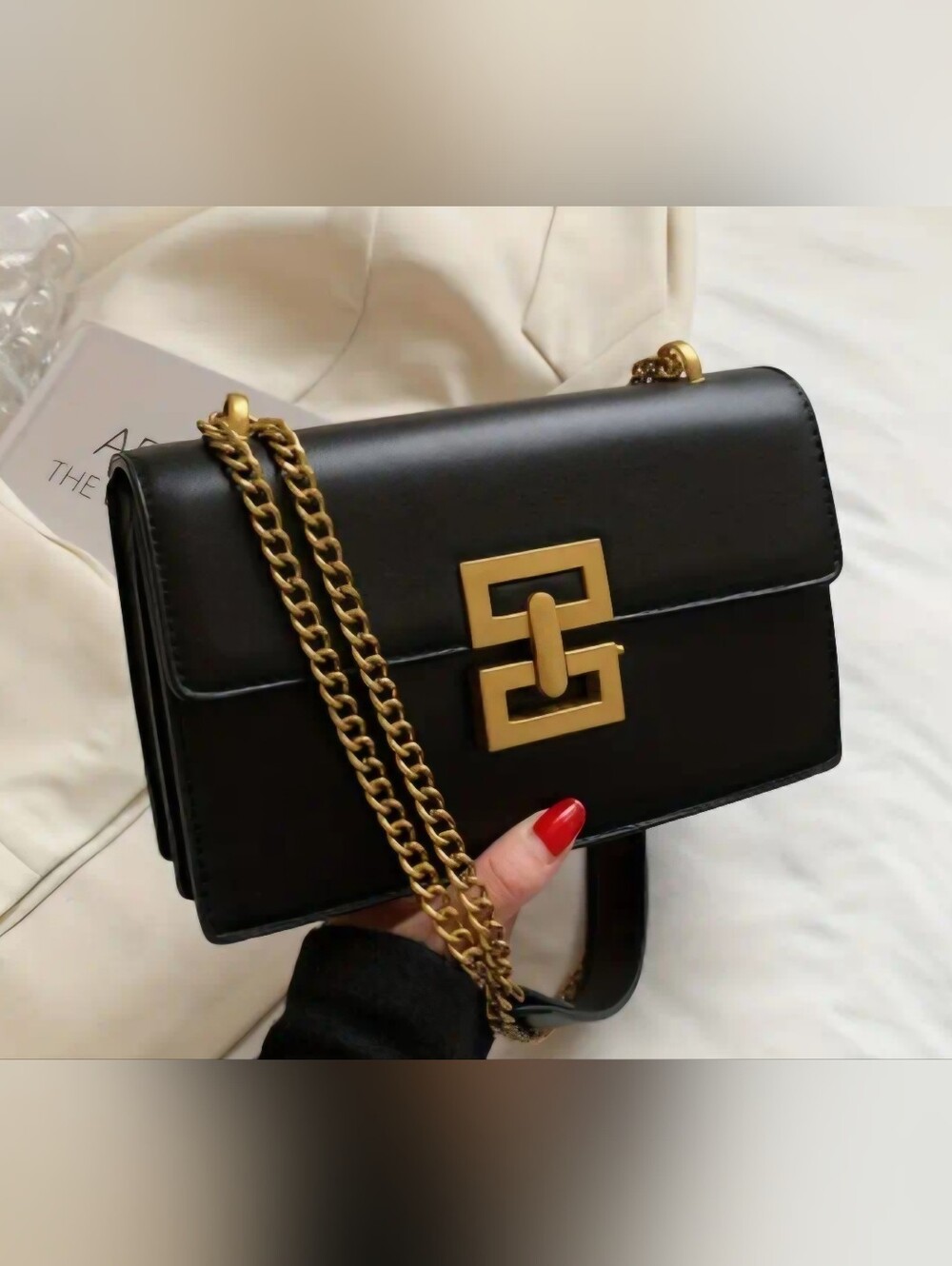 New - Vegan Black Leather Crossbody Bag with Gold Chain